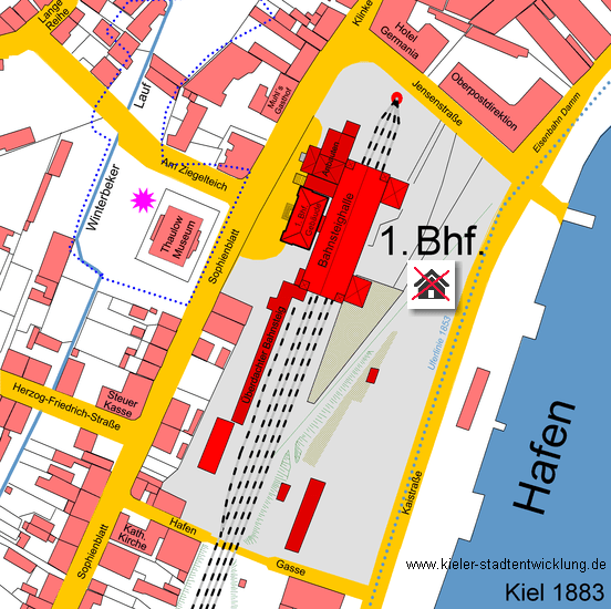 Lageplan vom 1. Kieler Bahnhof um 1883